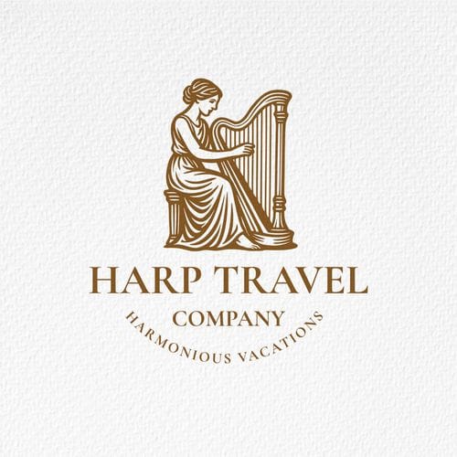 Harp Travel Company altın renkli arp figürlü logosu