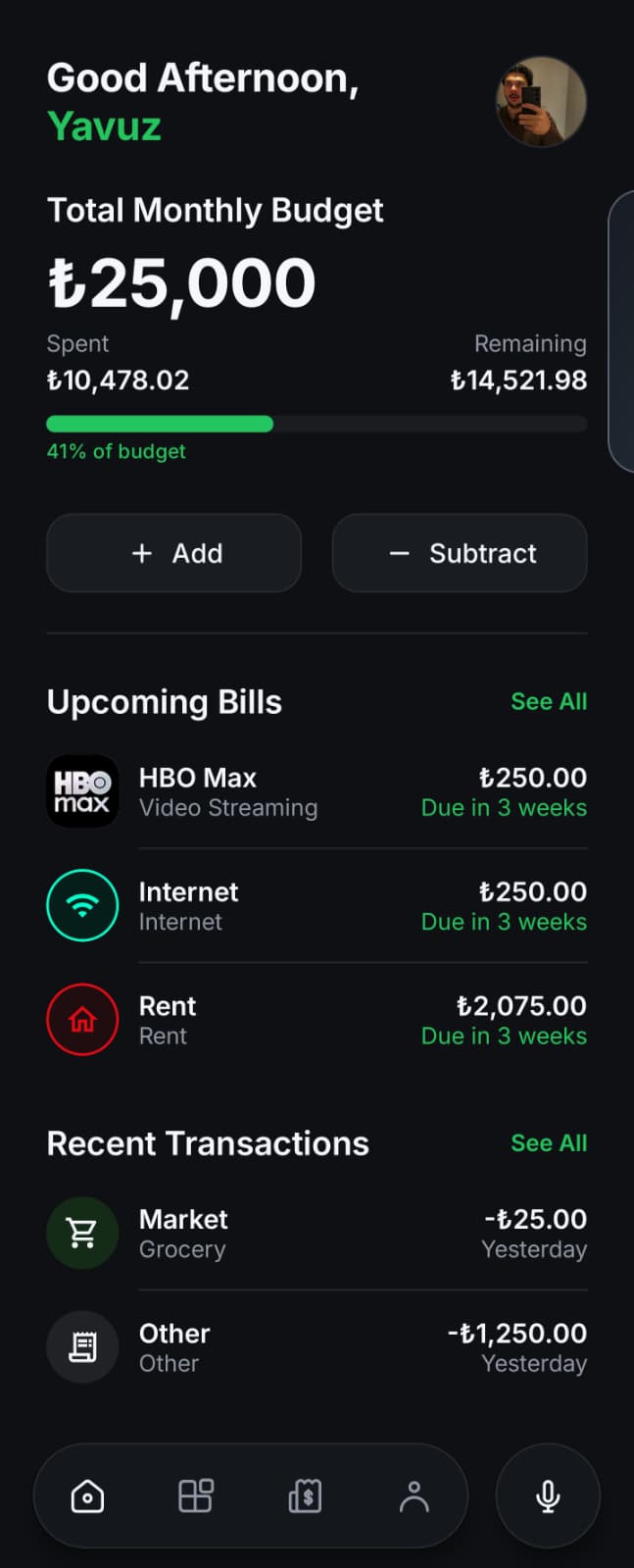 My Wallet Home: aylık bütçe, kalan tutar, yaklaşan faturalar ve son işlemler